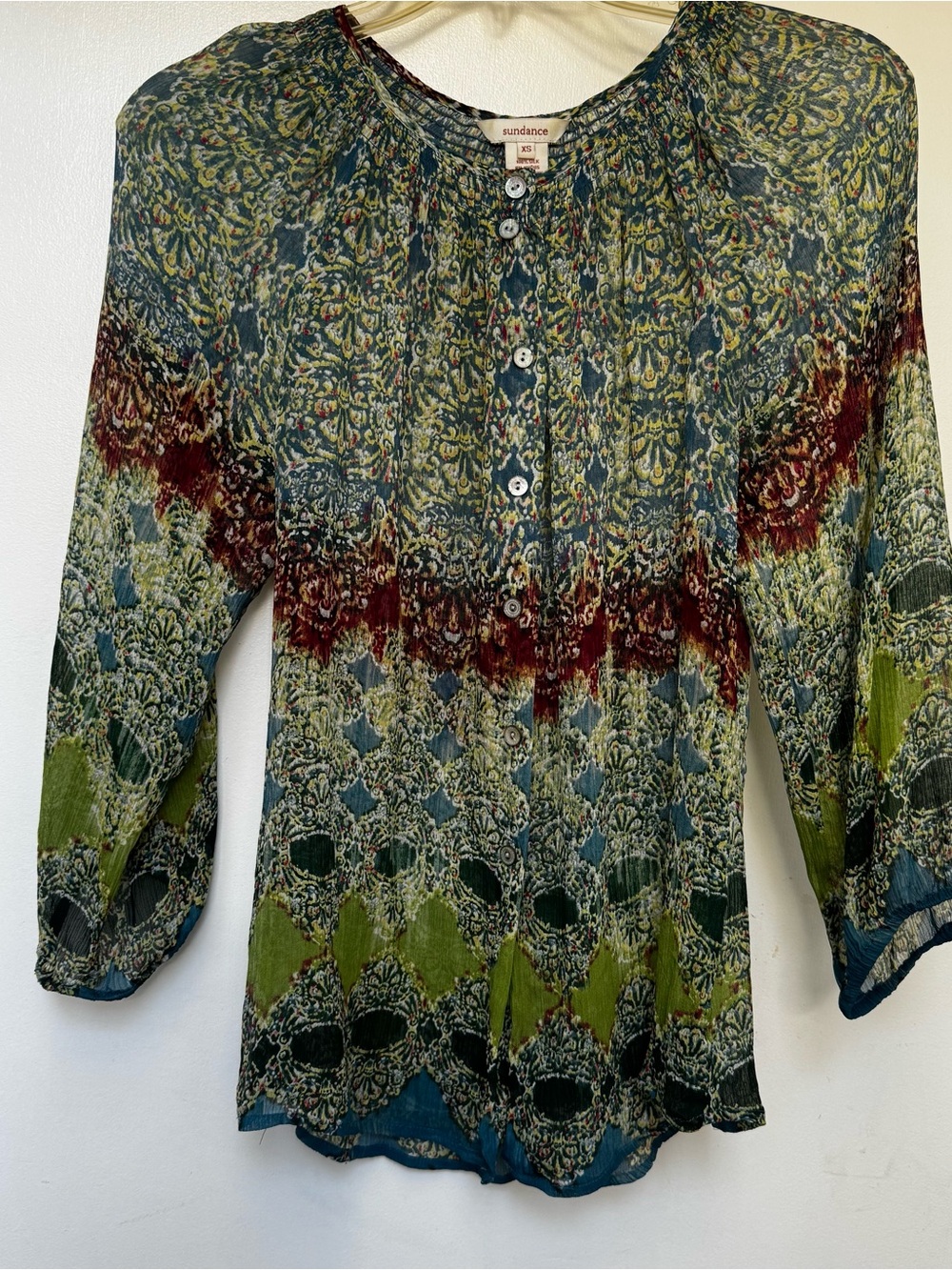 Sundance Silk Sheer Green Patterned Peasant Blouse